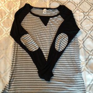 Gray and White Striped T with elbow patches